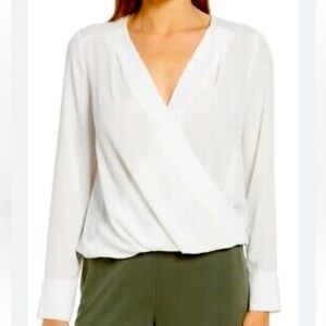 Halogen Women’s Cross Front Long Sleeve Low Cut Blouse White Ivory Cloud Size S